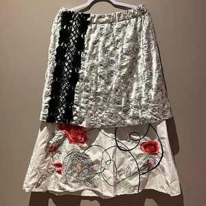 Mixed media maxi skirt embroidered cotton satin elastic waist